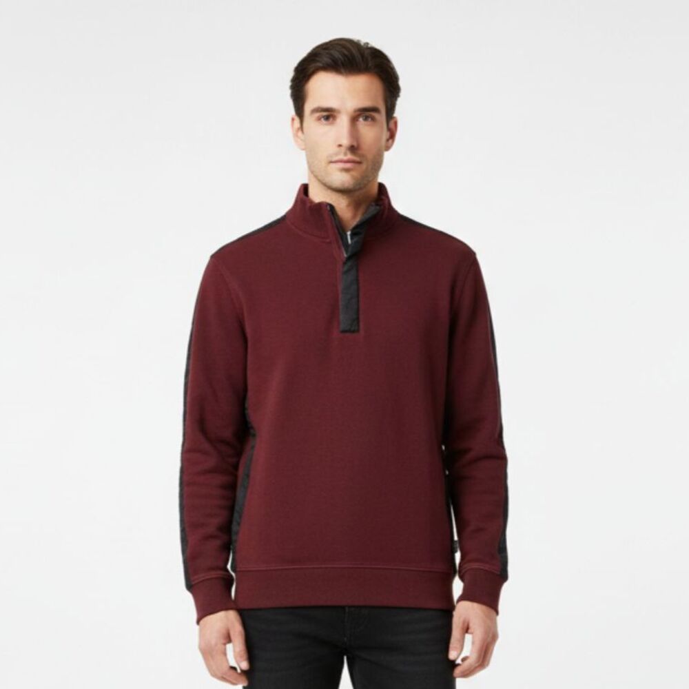 Hugo Boss Men's Burgundy & Black Ribbed Knit Long Sleeve Quarter Zip Sweater M
